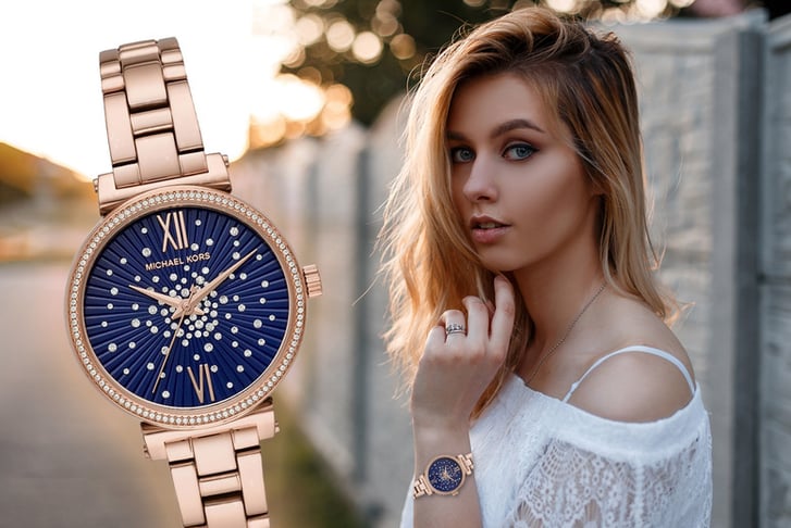 Michael kors rose gold watch blue face sale