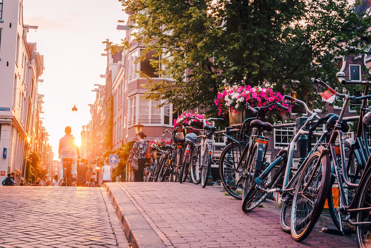 sunset on the streets and canals of Amsterdam