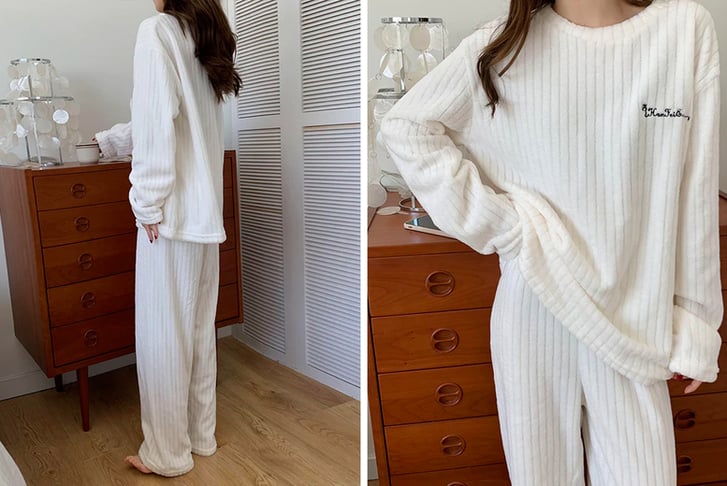 Women-One-Size-Flannel-Sleepwear-Pajamas-Set-white