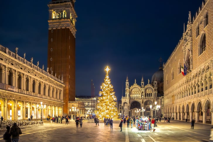 San Marco square in Venice, Italy with decorated illuminated Christmas tree