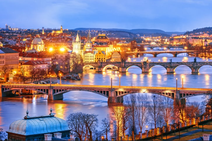 Classic view of Prague at Twilight, panorama of Bridges on Vltava