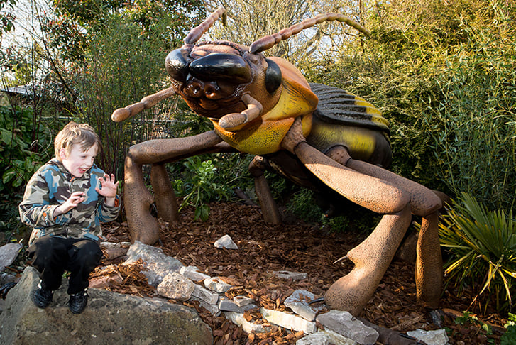 A kid in a playground with giant bug statues