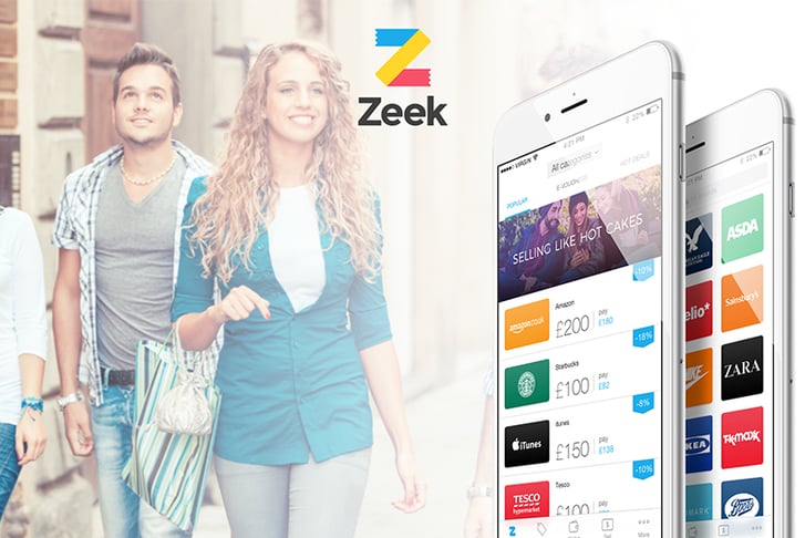 A man and woman out shopping using Zeek on their phone