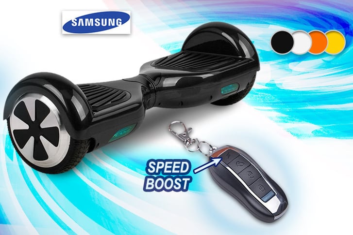 A black Samsung Hover board with remote control to contorl the speed