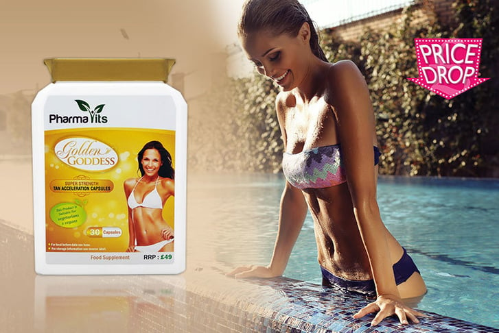 A box of Golden Goddess Tan Acceleration Capsules next to an image of a beautifully tanned woman getting out of a swimming pool
