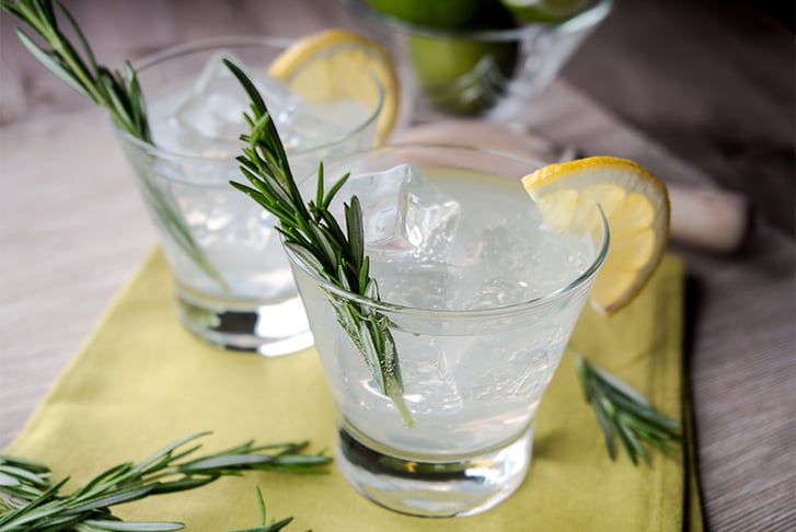 Two glasses of gin and tonic with a wedge of lemon and stick of thyme 