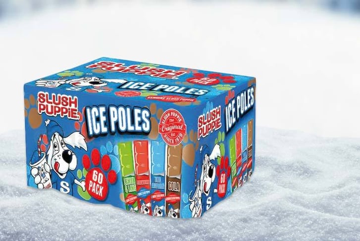 A box of Slush Puppy Ice Poles sat in snow