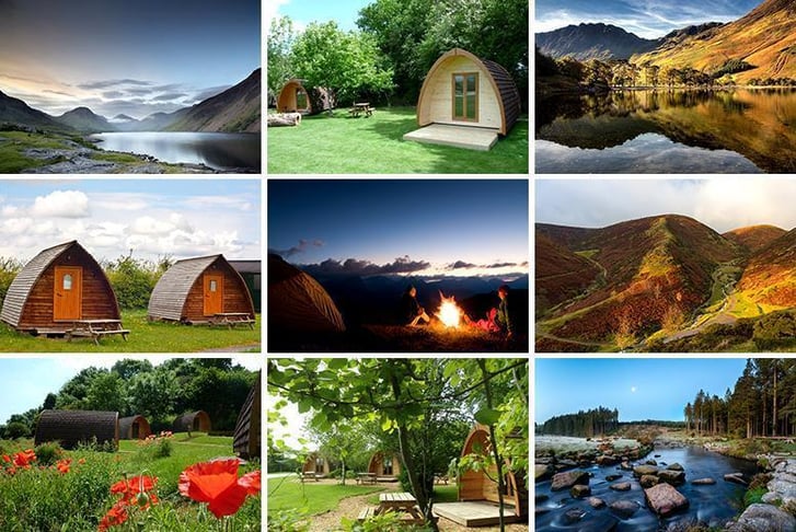A Glamping picture montage with cabins, forests and mountain ranges