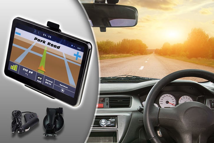 An image of a Sat Nav next to the image of an interior of a car, looking out of the windscreen at a motorway on a sunny evening 