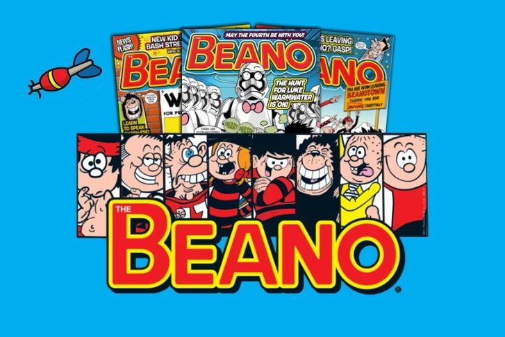 Issues of The Beano lined up next to images of characters including Dennis the Menace, Nasher and more. 