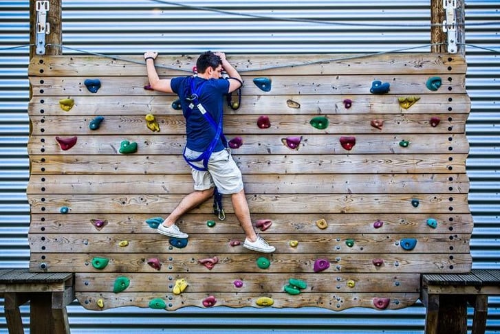 Someone taking on a climbing wall 