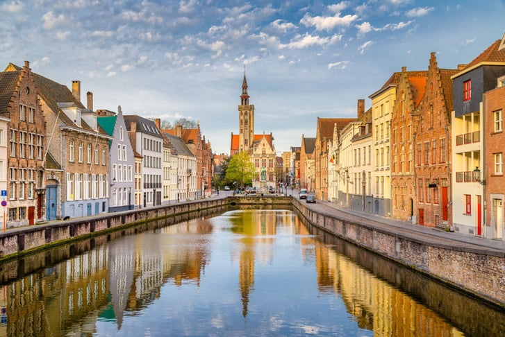 Bruges, Belgium, Stock Image - Canal Sunrise