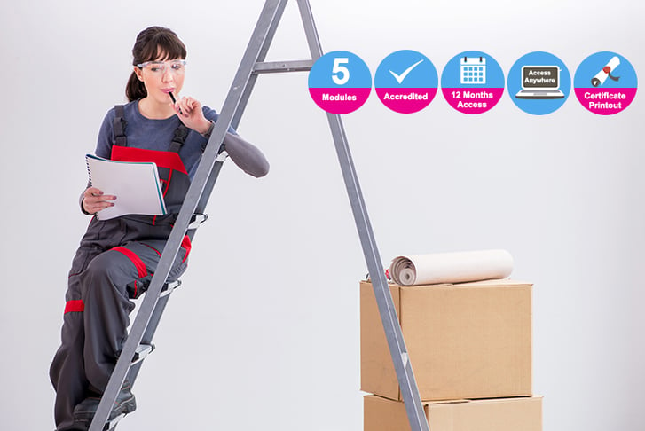 Woman in DIY gear perched on a ladder