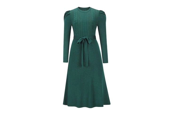 Women-A-line-High-Waist-Knitted-Dress-with-Belt-2