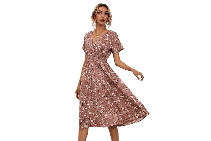 Women-Floral-Deep-V-Neck-Short-Sleeve-Dress-pink