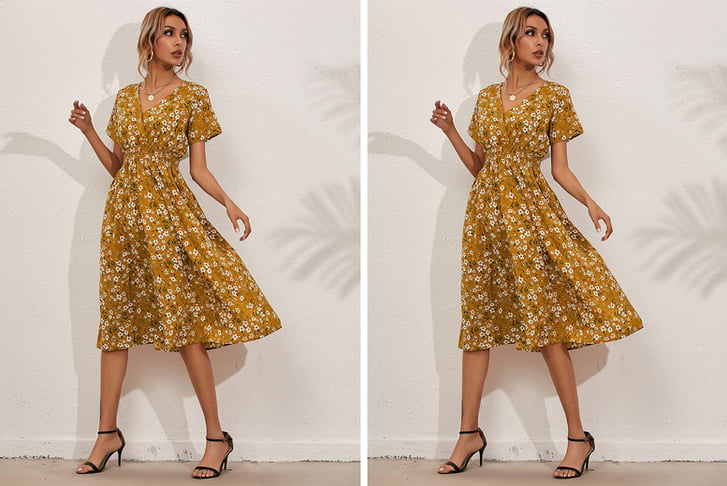 Women-Floral-Deep-V-Neck-Short-Sleeve-Dress-yellow