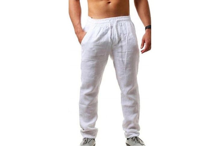 Men's-Summer-Cotton-Elastic-Waist-Trousers-white