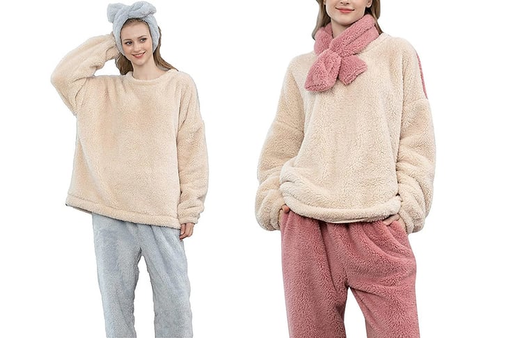 Women-Fluffy-Fleece-Pajamas-Sleepwear-Set-5