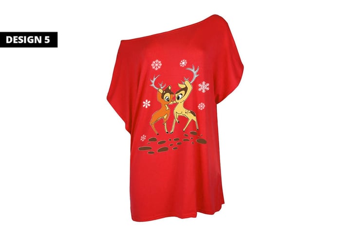 Christmas-Reindeer-Printed-Off-Shoulder-Top-Batwing-Sleeve-Baggy-DESIGN5RED