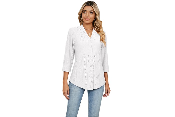 Sleeve Tunic Tops Eyelet V Neck Blouses Top-2