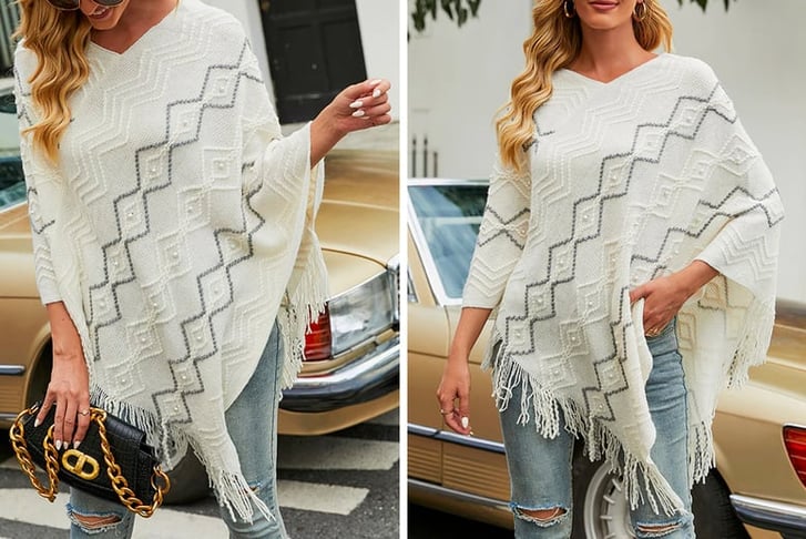 V-Neck Stripe Cape With Tassel-1