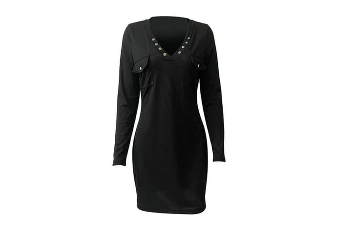 Women-Knitted-V-Neck-Long-Sleeve-Button-Bodycon-Dress-2