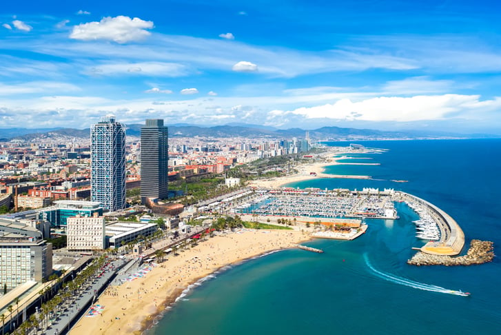 Barcelona, Spain aerial panorama Somorrostro beach, top view central district cityscape outdoor catalonia skyline