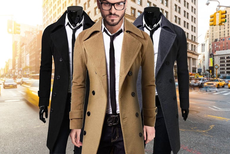 Men’s Double-Breasted Long Coat Deal - Wowcher