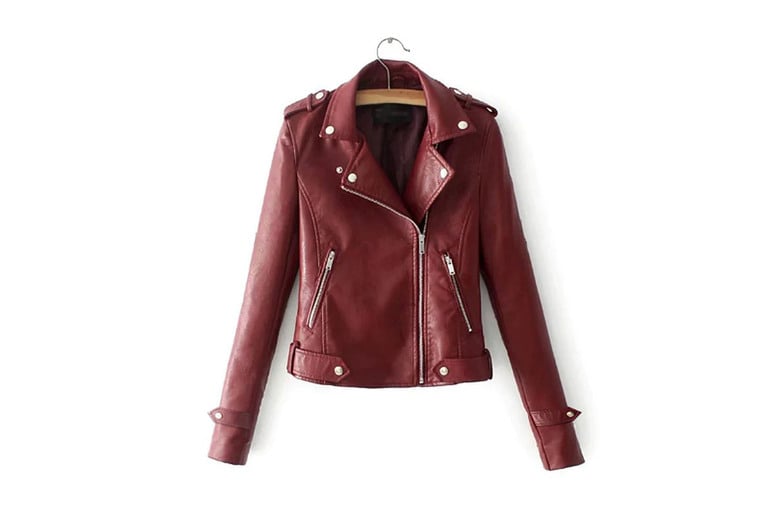 Wine red leather jacket on sale womens