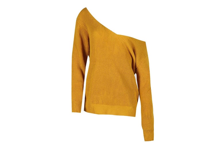 Off the store shoulder mustard sweater