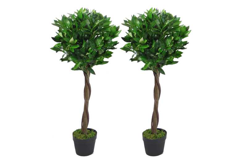 Two 90cm Twisted Stem Artificial Topiary Bay Laurel Ball Trees - Wowcher