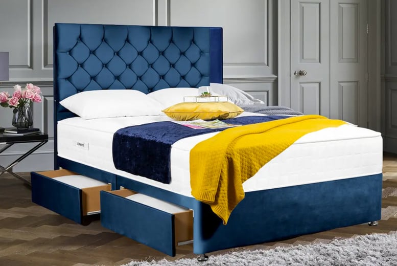 Blue Velvet Divan Bed with Mattress Deal - Wowcher