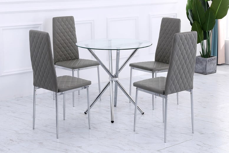 Round Glass Dining Table Set with 4 Grey Chairs Deal Wowcher