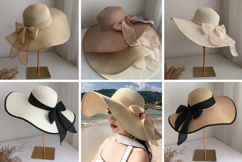 Women Wide Brim Straw Hat With Bowtie Beach Hat-1
