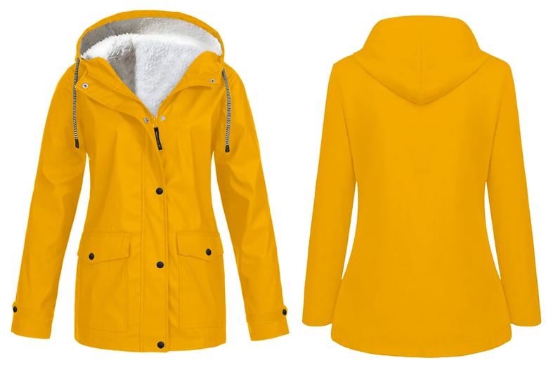 Women-Waterproof-Fleece-Hooded-Trench-Coat-Windbreaker-yellow