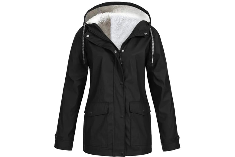 Women-Waterproof-Fleece-Hooded-Trench-Coat-Windbreaker-black
