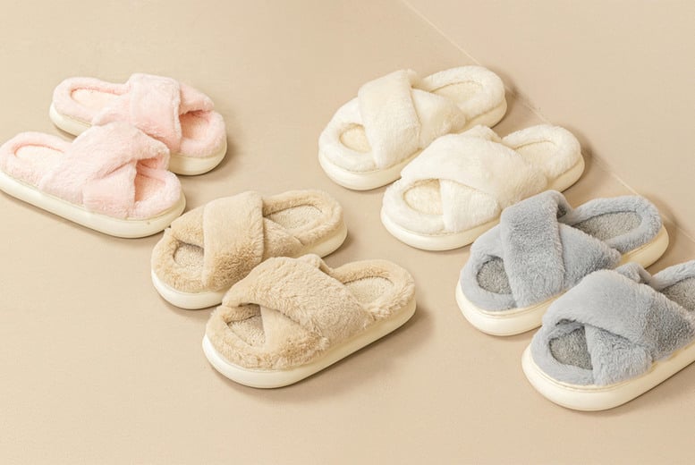 Women s Cross Band Fluffy Slippers Offer LivingSocial