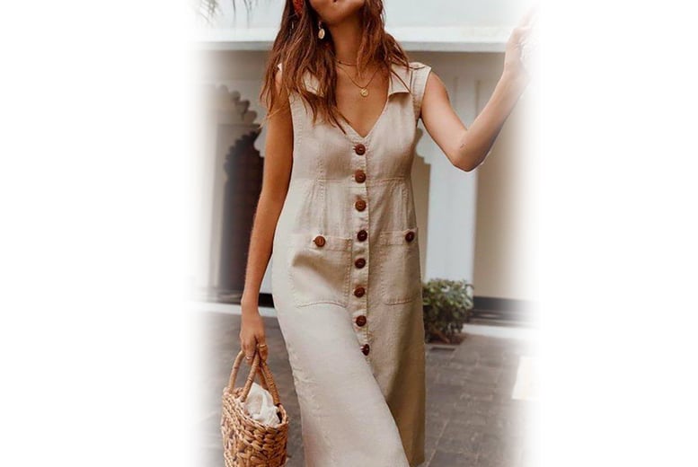 Sleeveless Button-Front Linen Dress